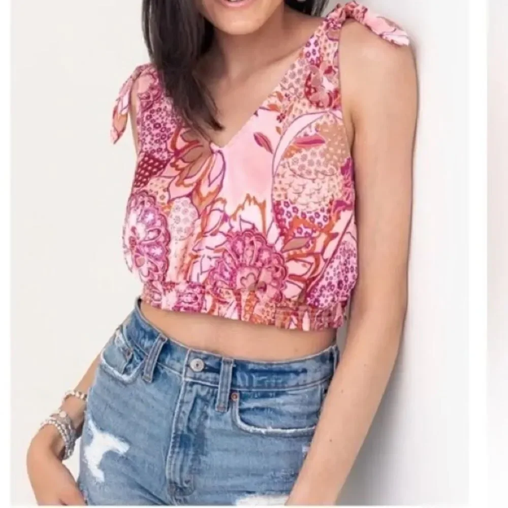 Free People Weekend In Montauk Pink Floral Print Cropped Tank Top